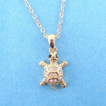 Small Turtle Shaped Charm Necklace in Gold with Rhinestones | DOTOLY