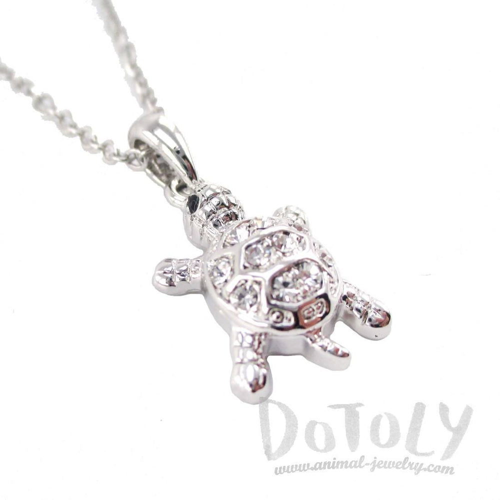 Small Turtle Shaped Charm Necklace in Silver with Rhinestones | DOTOLY