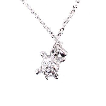Small Turtle Shaped Charm Necklace in Silver with Rhinestones | DOTOLY