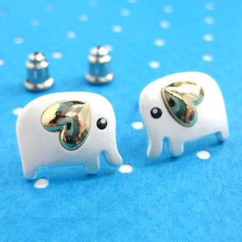 Baby Elephant Shaped Animal Stud Earring in Silver with Heart Shaped Ears | DOTOLY