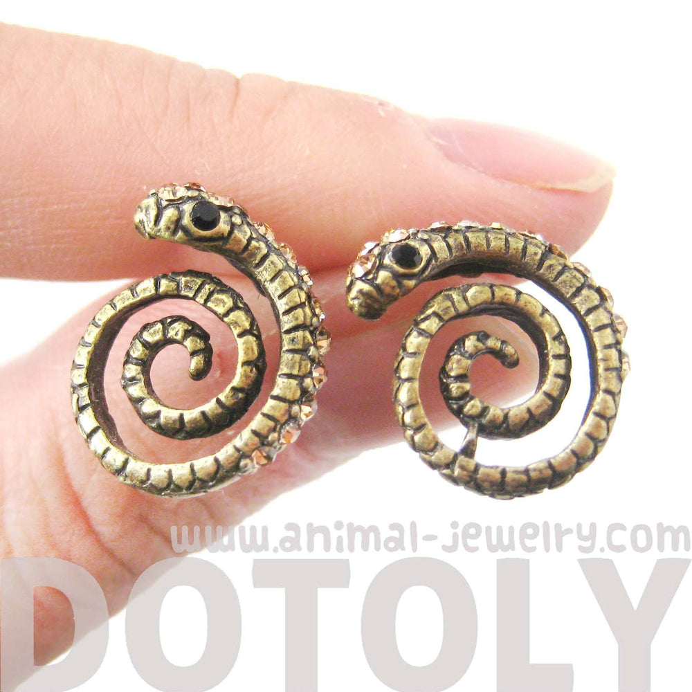 Snake Shaped Stud Earrings in Brass with Rhinestones | Animal Jewelry | DOTOLY