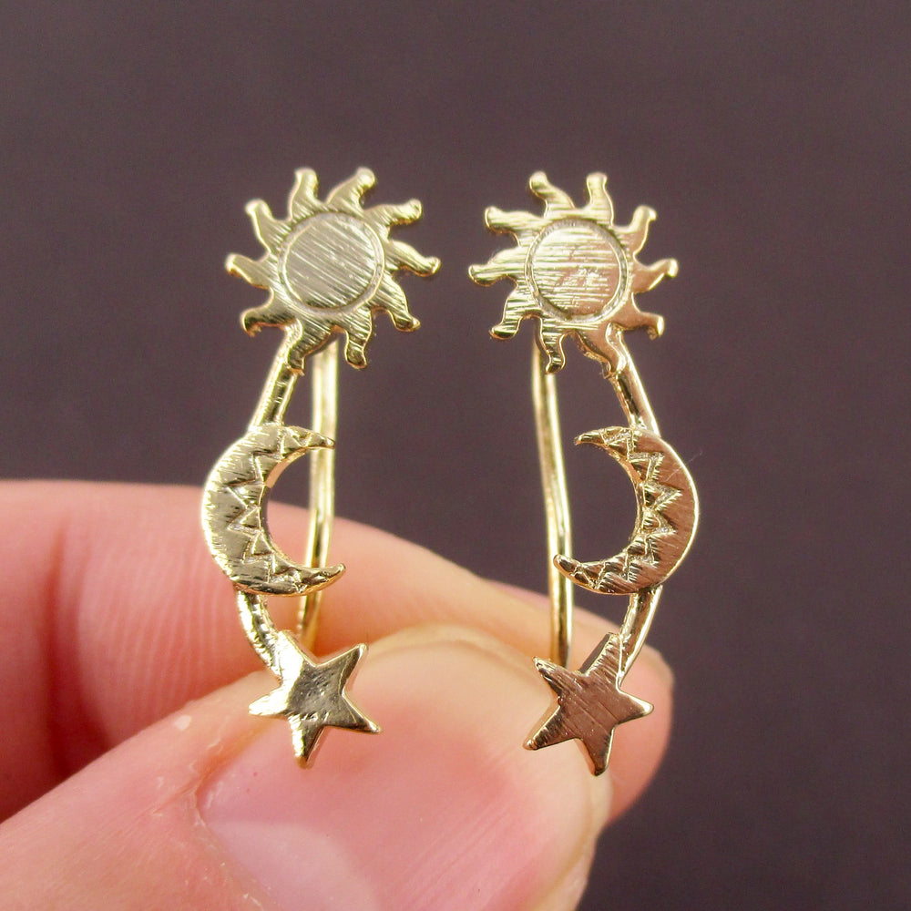 Space Inspired Sun Moon and Stars Shaped Drop Hook Stud Earrings in Gold