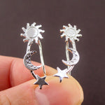 Space Inspired Sun Moon and Stars Shaped Drop Hook Stud Earrings in Silver