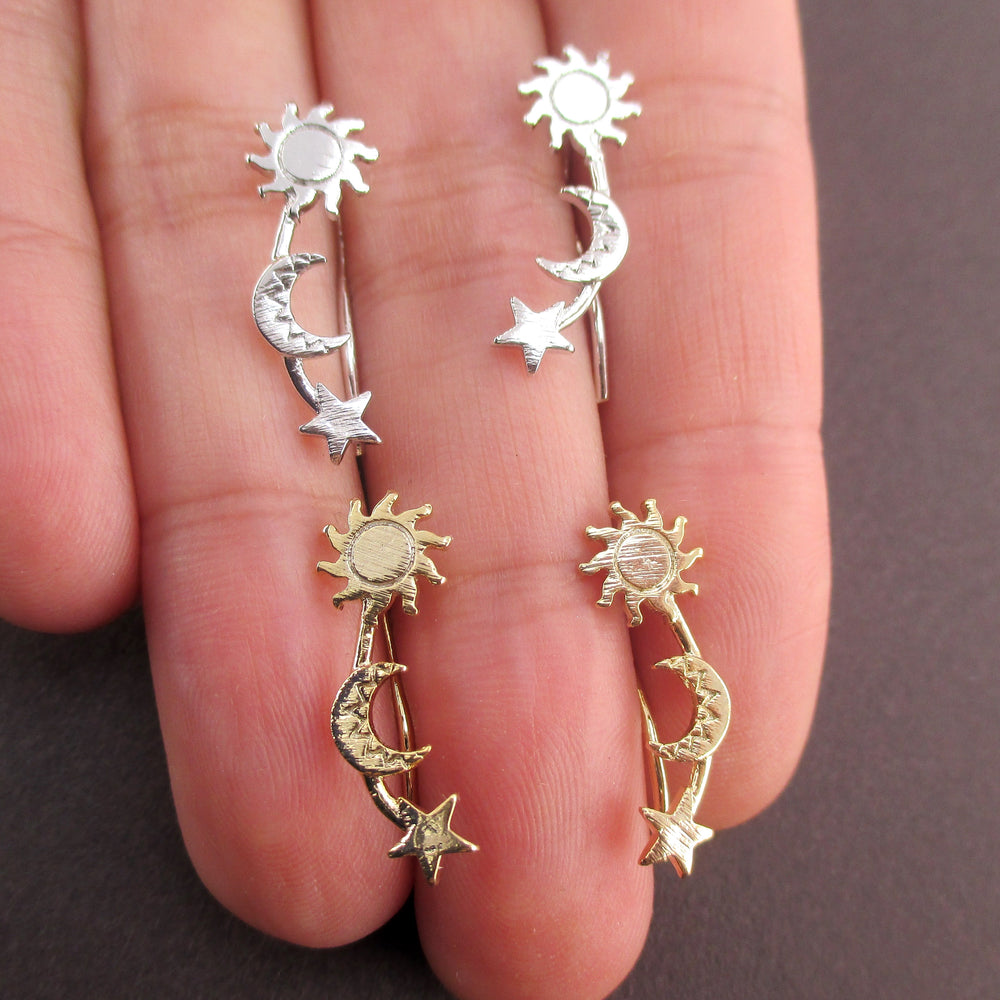 Space Inspired Sun Moon and Stars Shaped Drop Hook Stud Earrings