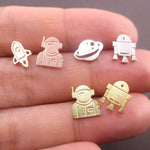 Space Astronaut Saturn Spaceship Shaped Sterling Silver Stud Earrings