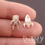 Spaceship and Astronaut Space Travel Themed Stud Earrings in Rose Gold