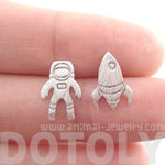 Spaceship and Astronaut Space Travel Themed Stud Earrings in Silver | DOTOLY | DOTOLY
