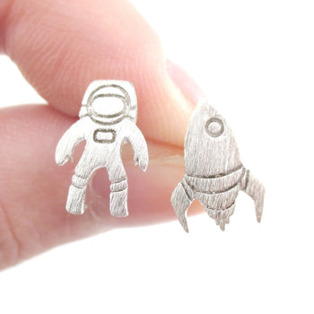 Spaceship and Astronaut Space Travel Themed Stud Earrings in Silver | DOTOLY | DOTOLY