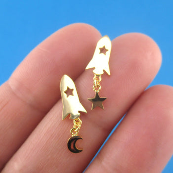 Spaceship Moon and Stars Shaped Space Travel Themed Stud Earrings
