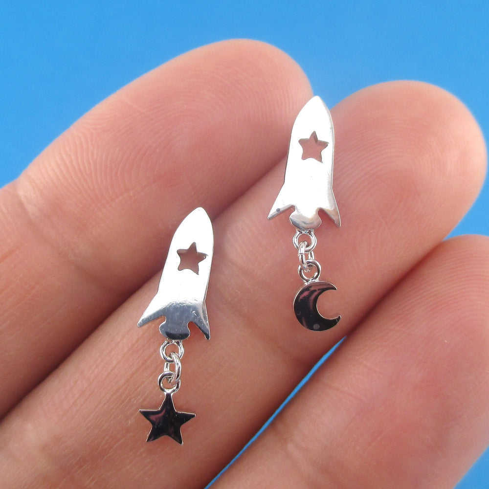Spaceship Moon and Stars Shaped Space Travel Themed Stud Earrings