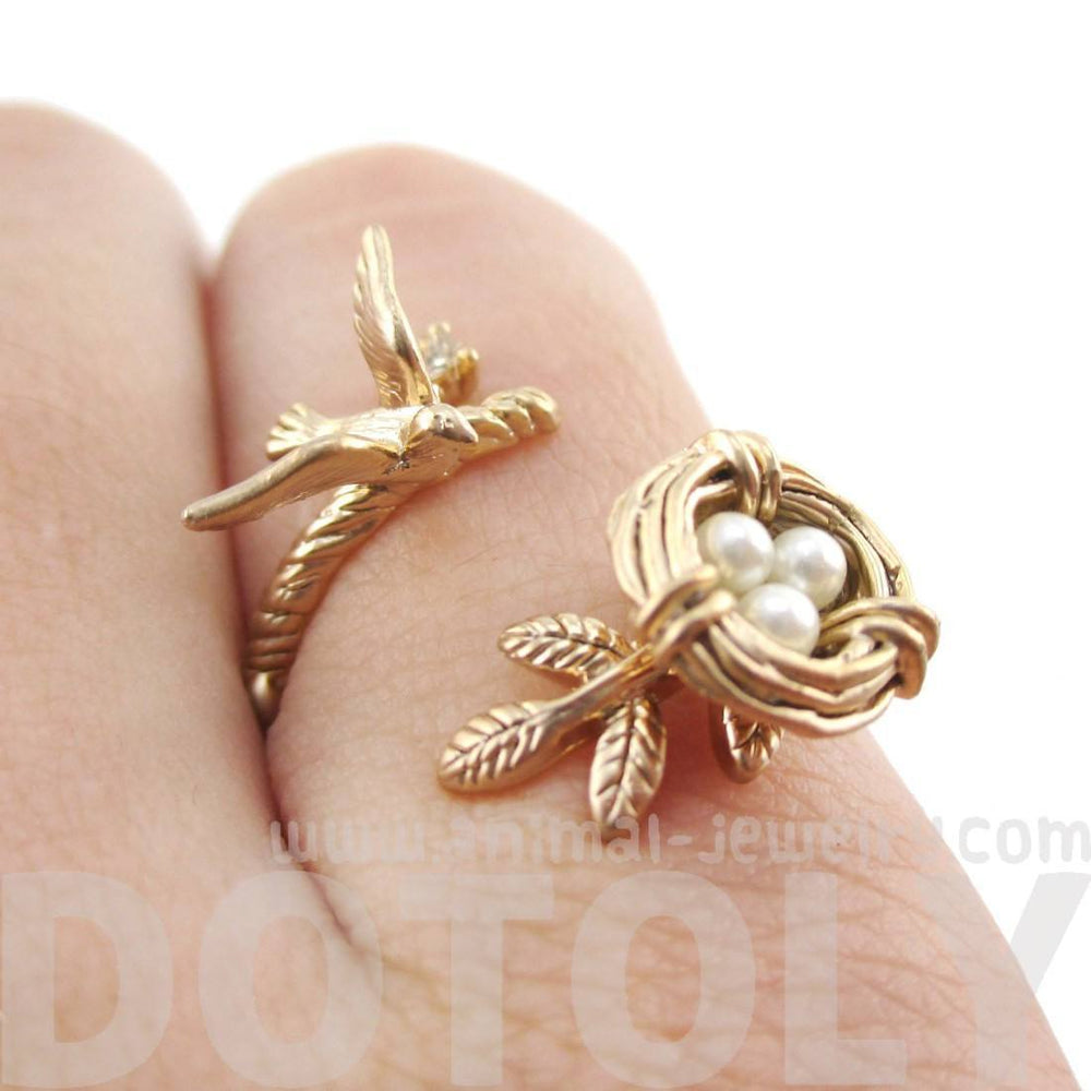 Sparrow and Bird Nest on A Branch Wrap Around Adjustable Ring in Antique Gold | DOTOLY