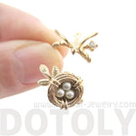 Sparrow and Bird Nest on A Branch Wrap Around Adjustable Ring in Antique Gold | DOTOLY