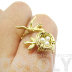 Sparrow and Bird Nest on A Branch Wrap Around Adjustable Ring in Gold | DOTOLY