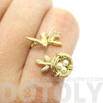 Sparrow and Bird Nest on A Branch Wrap Around Adjustable Ring in Gold | DOTOLY