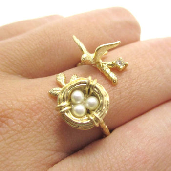 Sparrow and Bird Nest on A Branch Wrap Around Adjustable Ring in Gold | DOTOLY