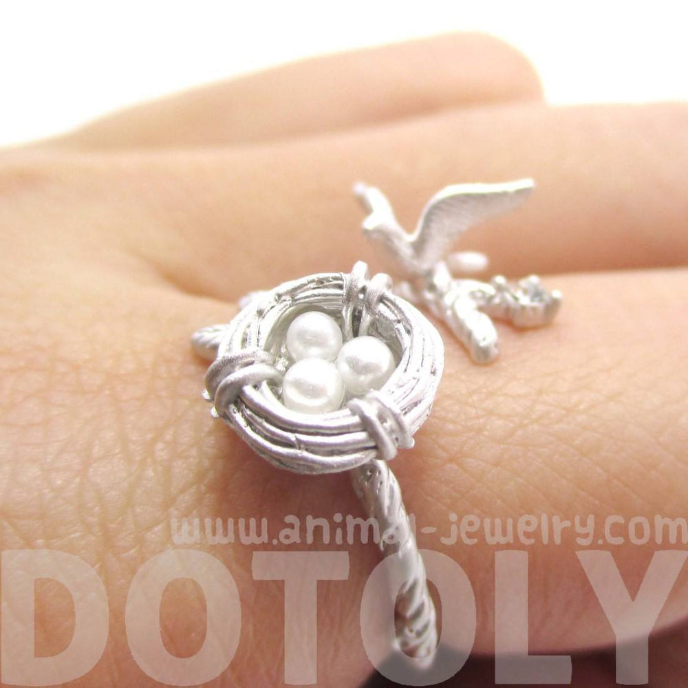 Sparrow and Bird Nest on A Branch Wrap Around Adjustable Ring in Silver | DOTOLY