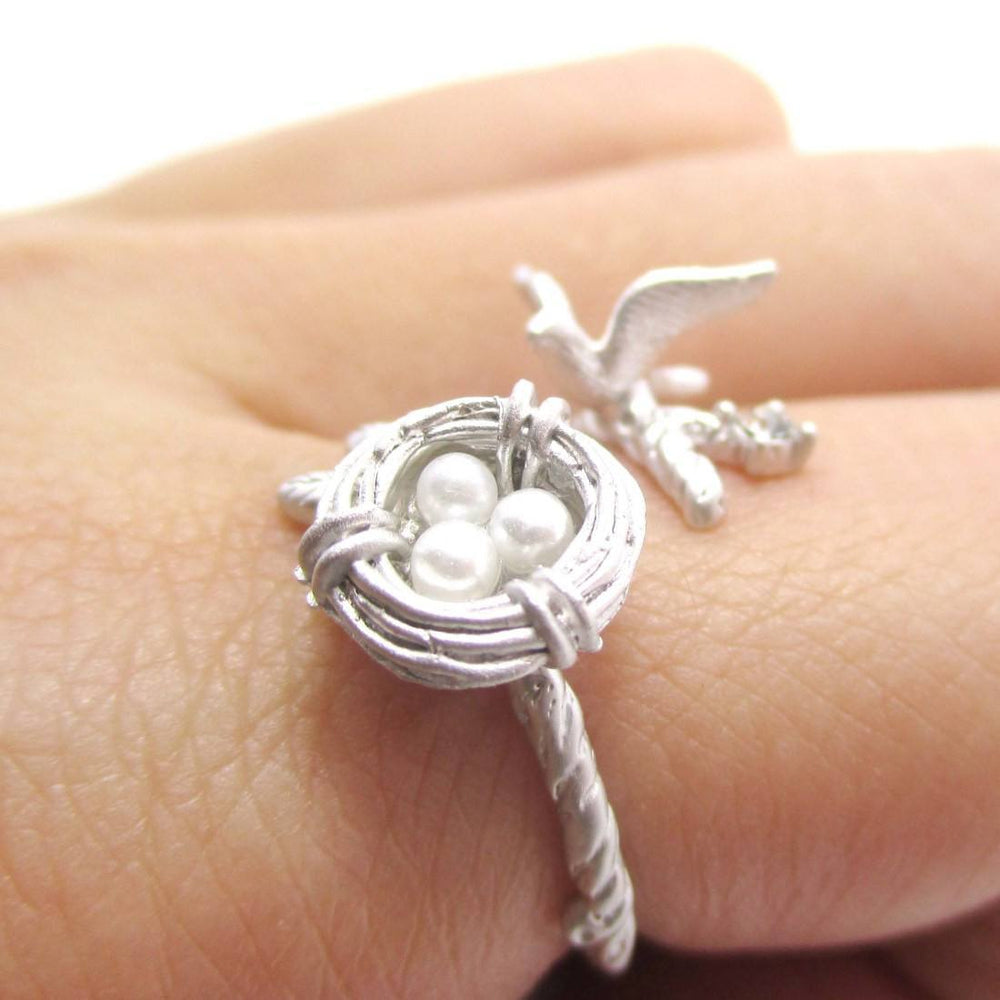 Sparrow and Bird Nest on A Branch Wrap Around Adjustable Ring in Silver | DOTOLY