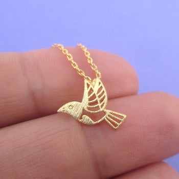 Sparrow Bird in Mid-Flight Outline Shaped Pendant Necklace in Gold