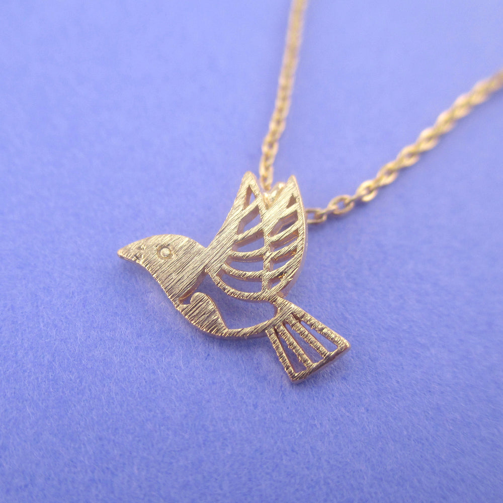 Sparrow Bird in Mid-Flight Outline Shaped Pendant Necklace in Gold