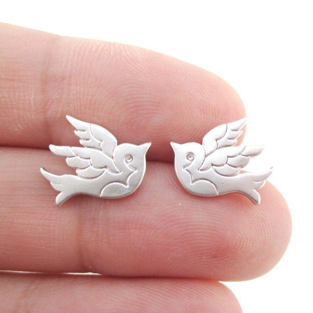 Sparrow Bird Tattoo Shaped Stud Earrings in Silver | Allergy Free | DOTOLY