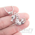 Spiny Seahorse Rhinestone Pendant Necklace in Silver | Animal Jewelry