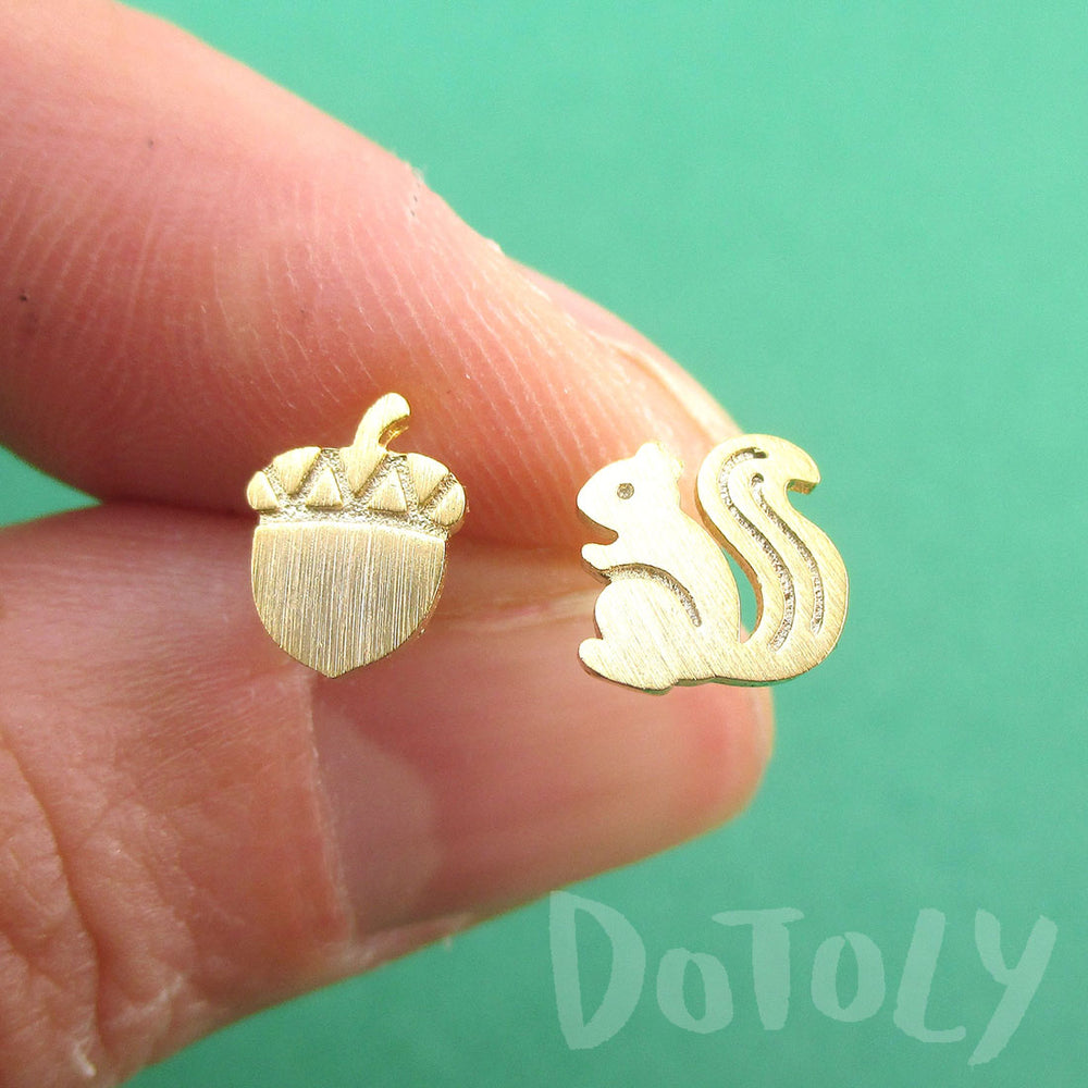 Squirrel Chipmunk and Acorn Shaped Allergy Free Stud Earrings in Gold