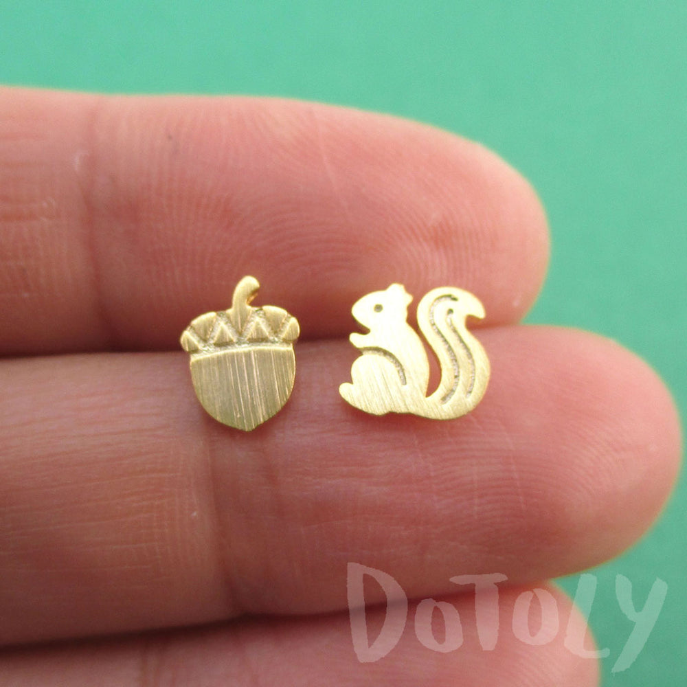 Squirrel Chipmunk and Acorn Shaped Allergy Free Stud Earrings in Gold