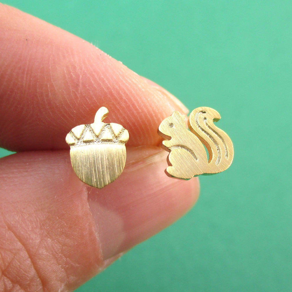 Squirrel Chipmunk and Acorn Shaped Allergy Free Stud Earrings in Gold