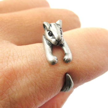 Squirrel Chipmunk Shaped Animal Wrap Around Ring in Silver | US Sizes 3 to 8.5 | DOTOLY