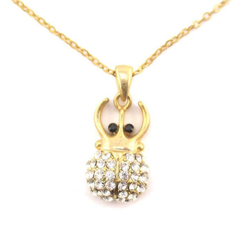 Stag Beetle Shaped Pendant Necklace in Gold with Rhinestones | DOTOLY