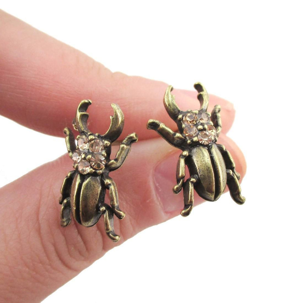 Stag Beetle with Pincers Shaped Rhinestone Stud Earrings in Brass | DOTOLY | DOTOLY