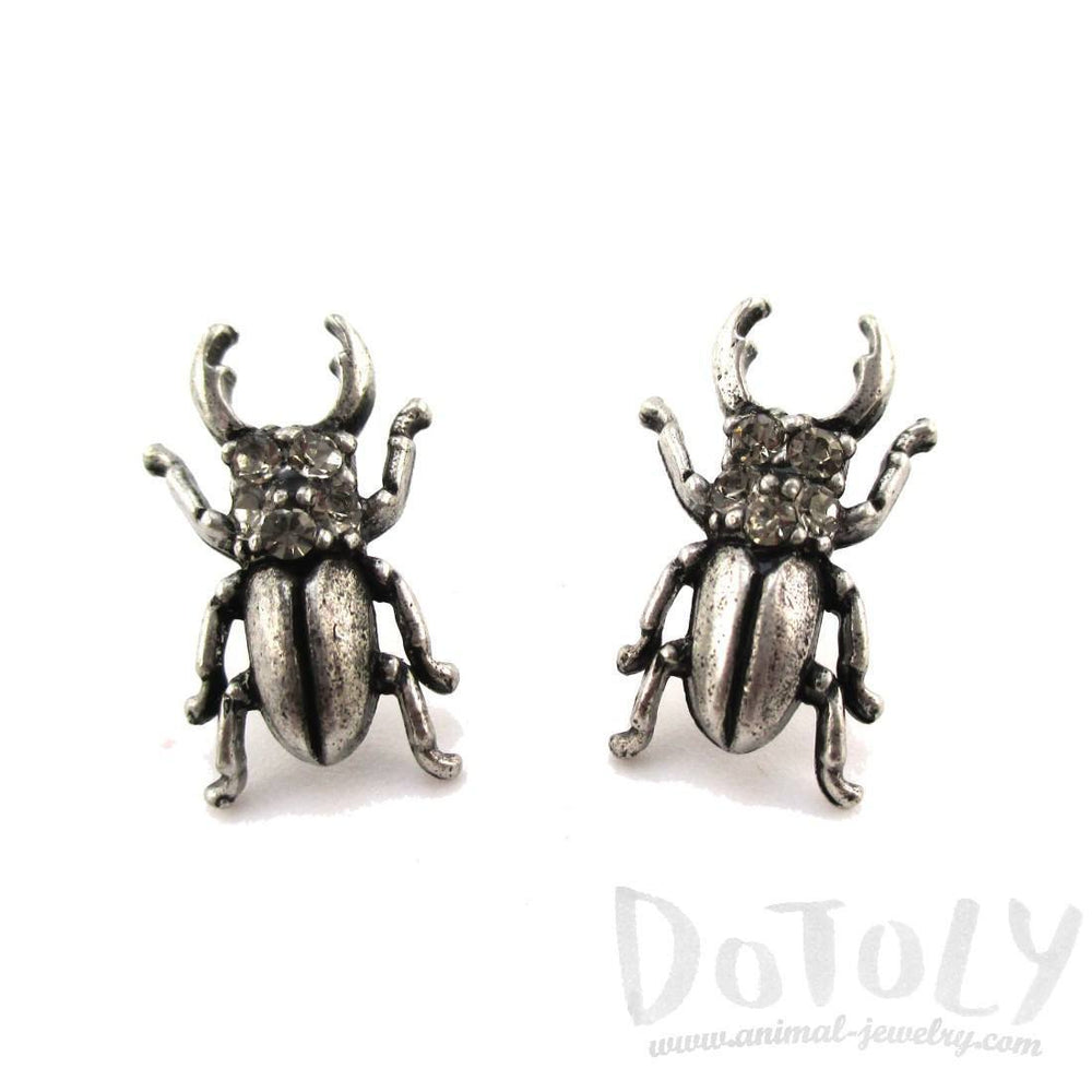 Stag Beetle with Pincers Shaped Rhinestone Stud Earrings in Silver | DOTOLY | DOTOLY