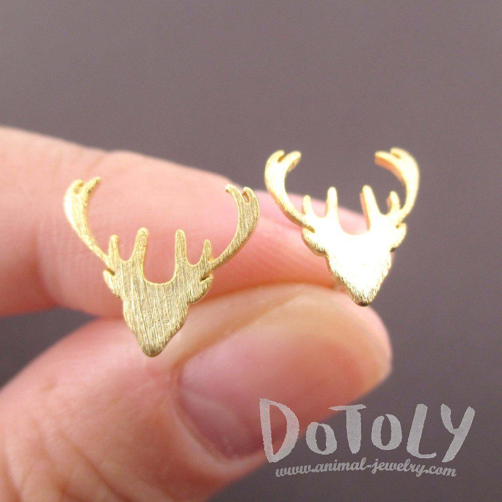 Stag Deer Doe Silhouette Shaped Stud Earrings in Gold | Animal Jewelry