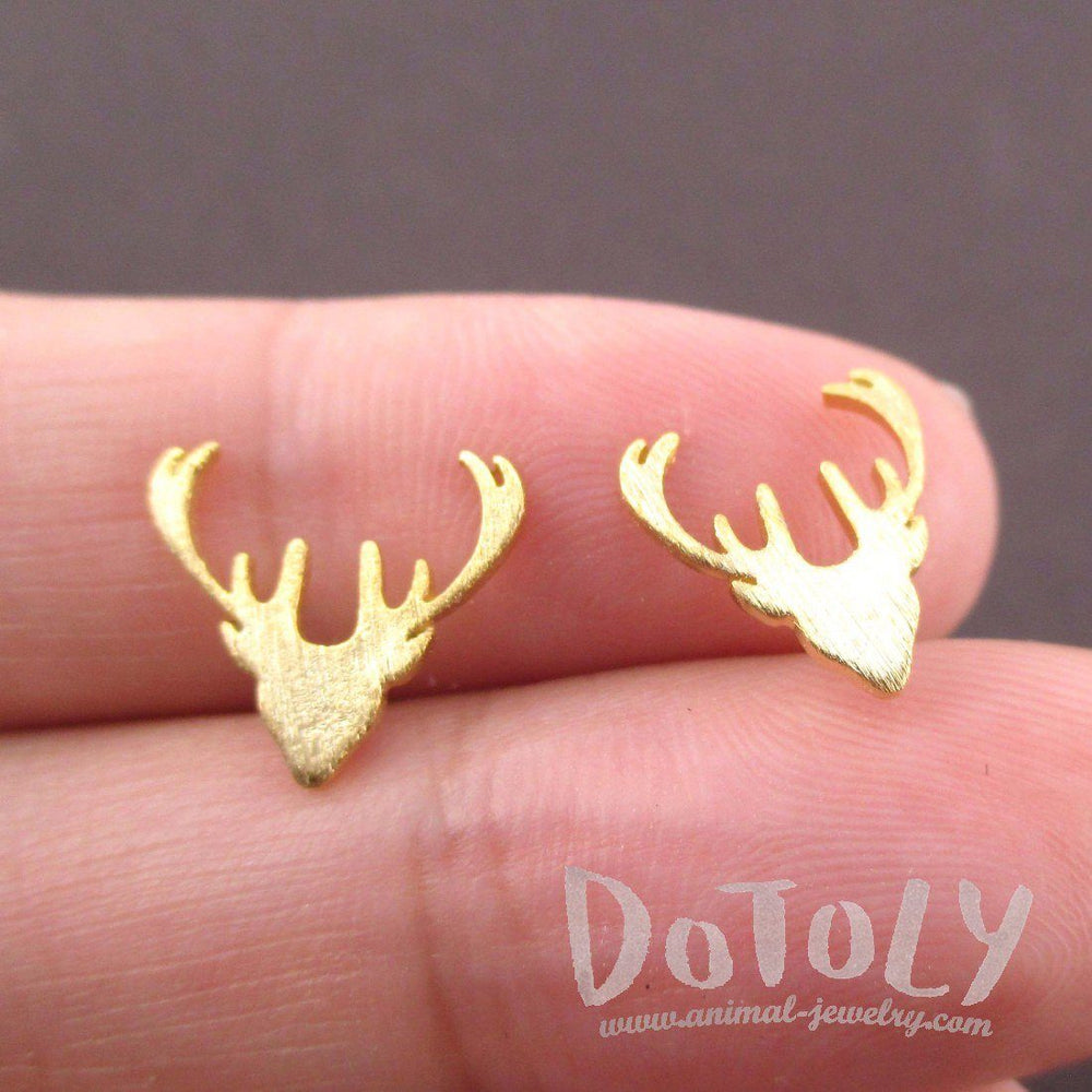 Stag Deer Doe Silhouette Shaped Stud Earrings in Gold | Animal Jewelry