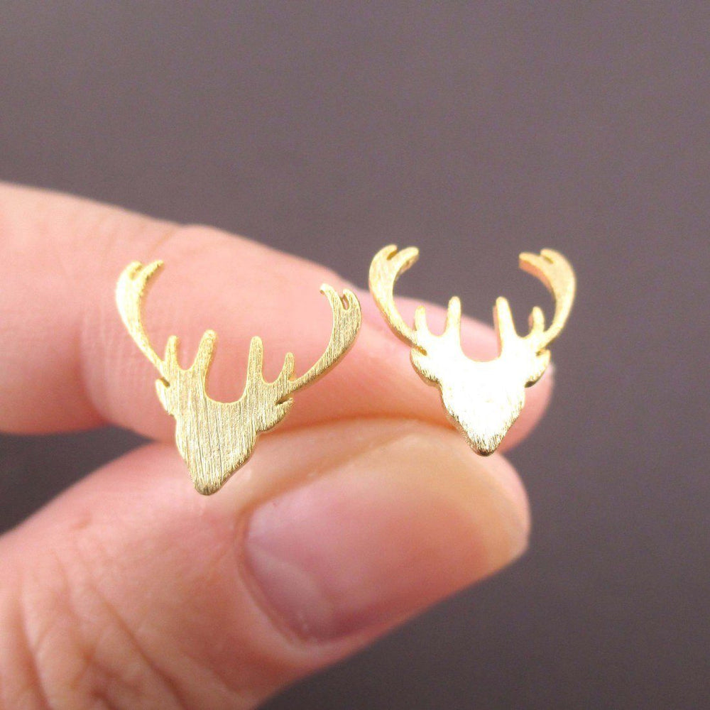 Stag Deer Doe Silhouette Shaped Stud Earrings in Gold | Animal Jewelry