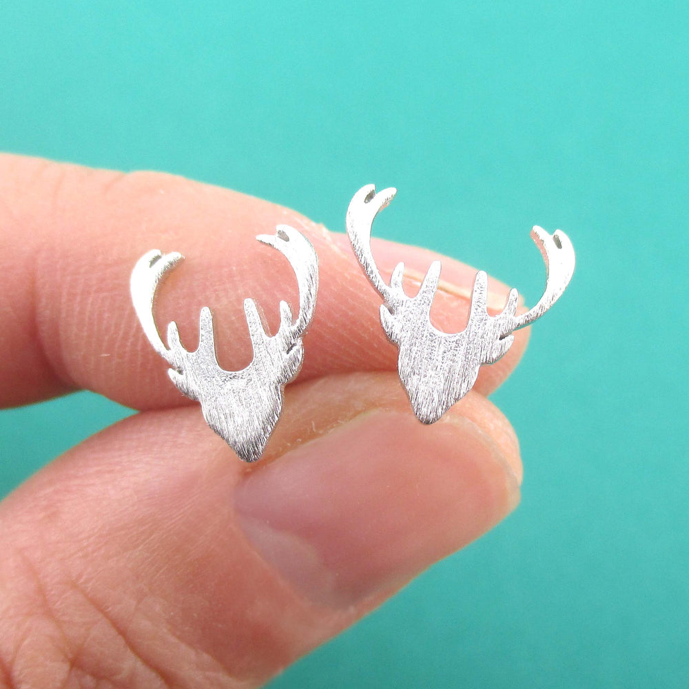 Stag Deer Doe Silhouette Shaped Stud Earrings in Silver