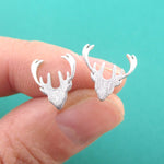 Stag Deer Doe Silhouette Shaped Stud Earrings in Silver