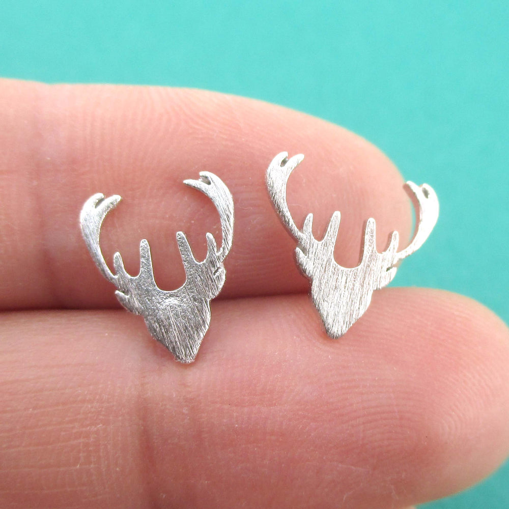 Stag Deer Doe Silhouette Shaped Stud Earrings in Silver