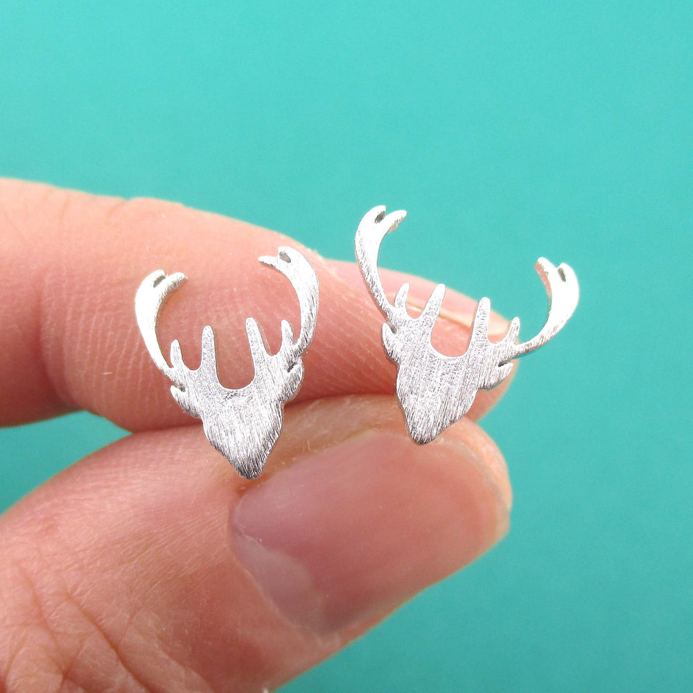 Stag Deer Doe Silhouette Shaped Stud Earrings in Silver