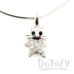 Star Shaped Kitty Cat Pendant Necklace in Silver with Rhinestones