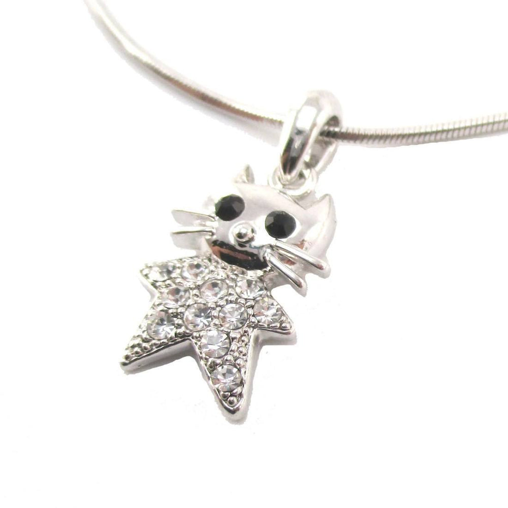 Star Shaped Kitty Cat Pendant Necklace in Silver with Rhinestones