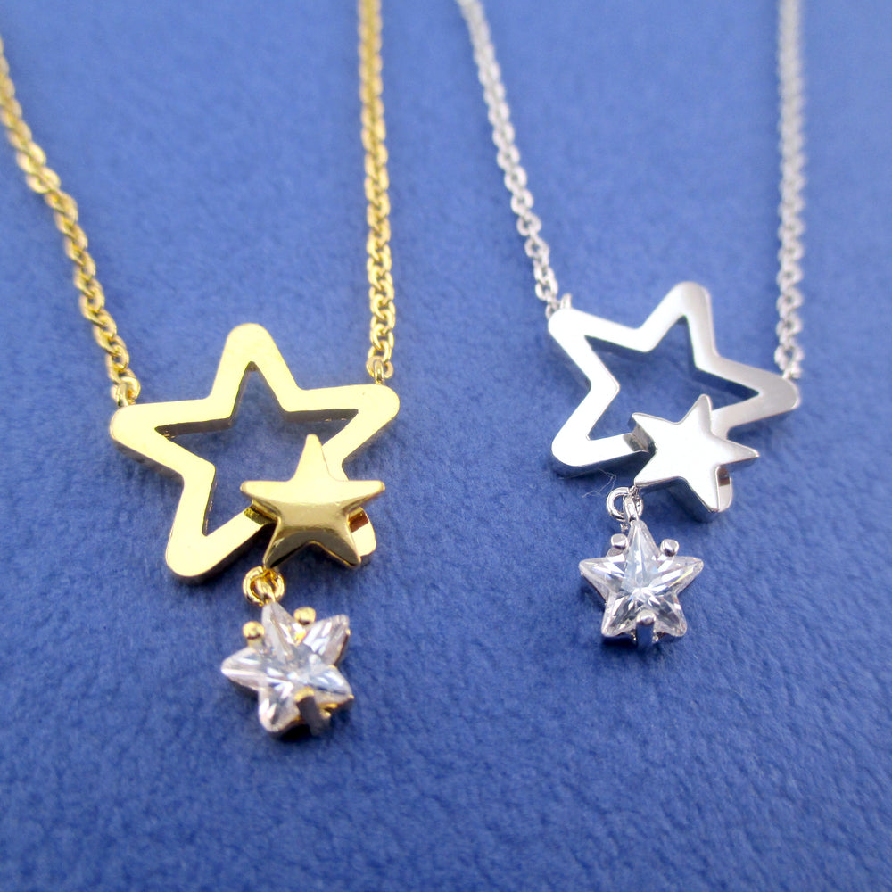Stargazer Rhinestone Stars Star Outline Shaped Choker Necklace in Gold or Silver