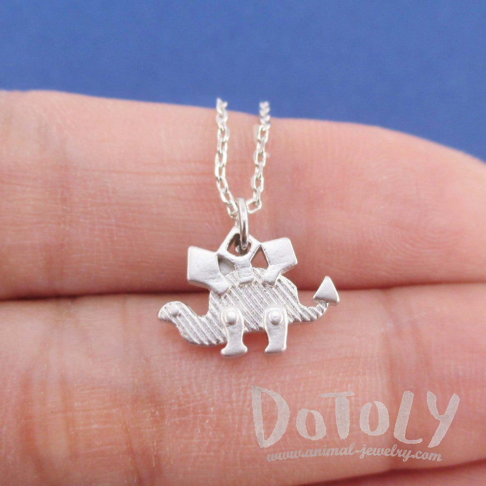 Stegosaurus Dinosaur Silhouette Shaped Pendant Necklace in Silver