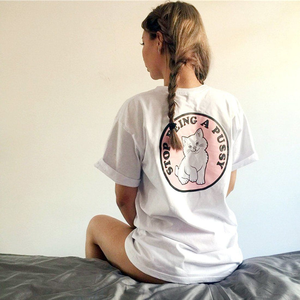 Stop Being A Pussy (Cat) Long Graphic Tee T-Shirts in White | DOTOLY