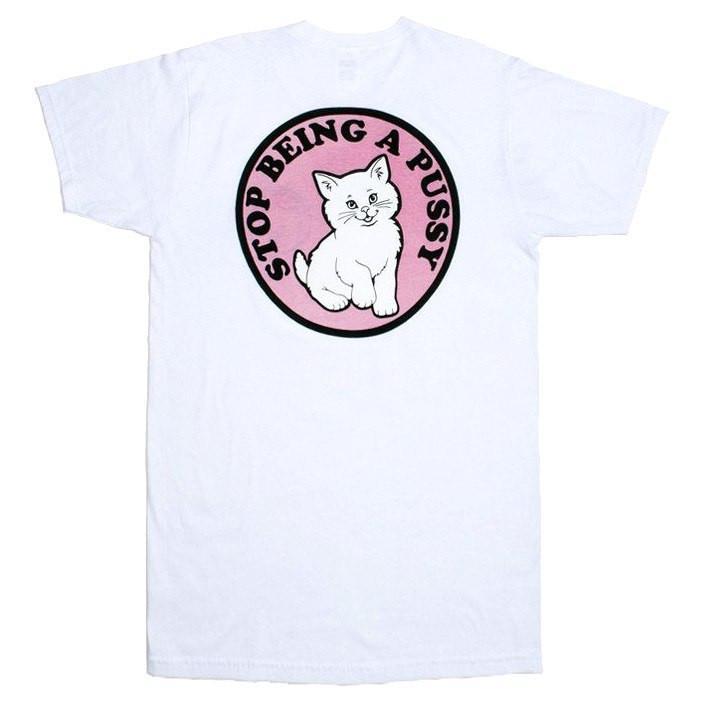 Stop Being A Pussy (Cat) Long Graphic Tee T-Shirts in White | DOTOLY
