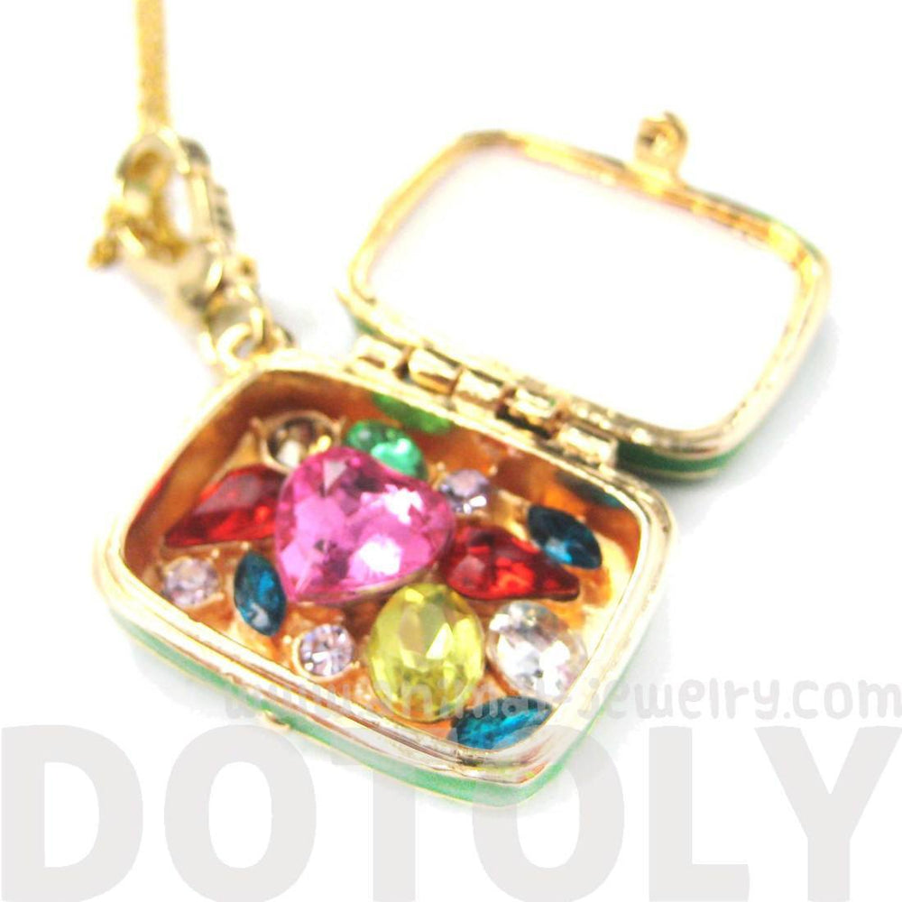 Suitcase Travel Bag Locket Full of Gems Necklace in Green - It Opens Up | Limited Edition | DOTOLY