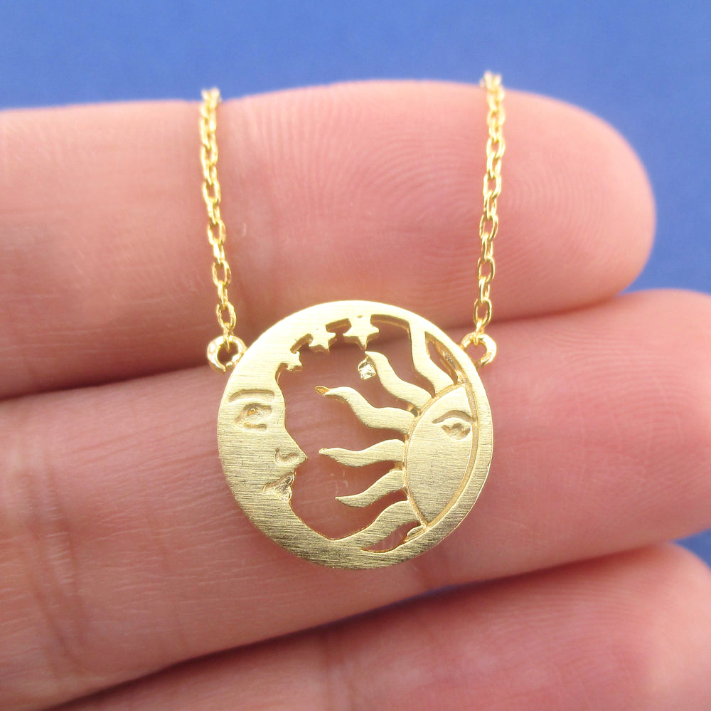 Sun and Crescent Moon Celestial Pendant Necklace in Silver or Gold