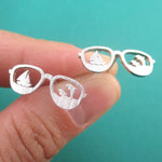 Sunglasses Shaped Travel Themed Sailboat and Dolphins Stud Earrings