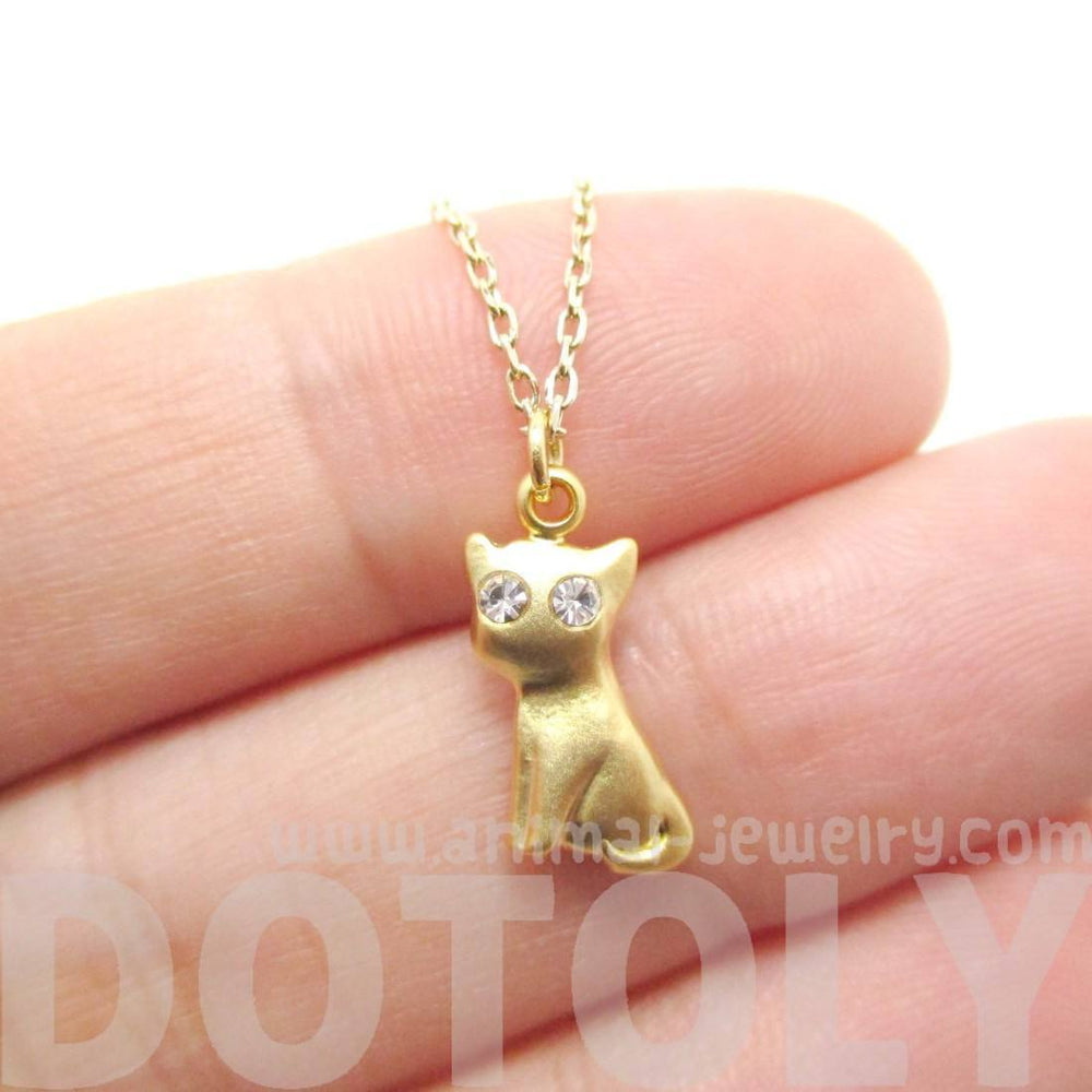 Super Cute Kitty Cat Animal Shaped Charm Necklace in Gold with Rhinestones | DOTOLY | DOTOLY
