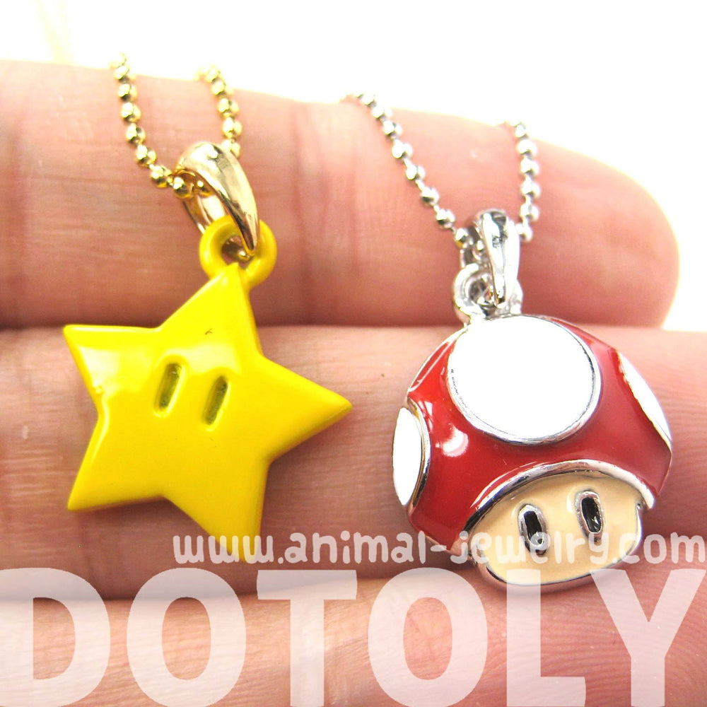 Super Mario Themed Mushroom and Super Star Power Up Pendant Necklace | DOTOLY